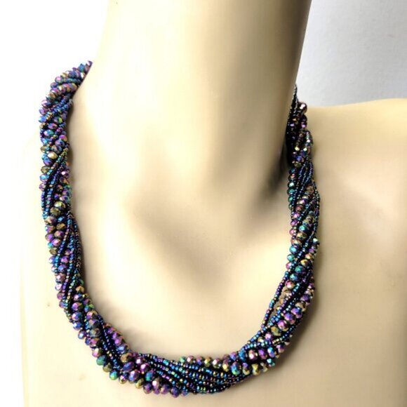 Multi Strand Braided Necklace Glass Bead Braided Necklace Beaded Twist Necklace - Picture 1 of 6